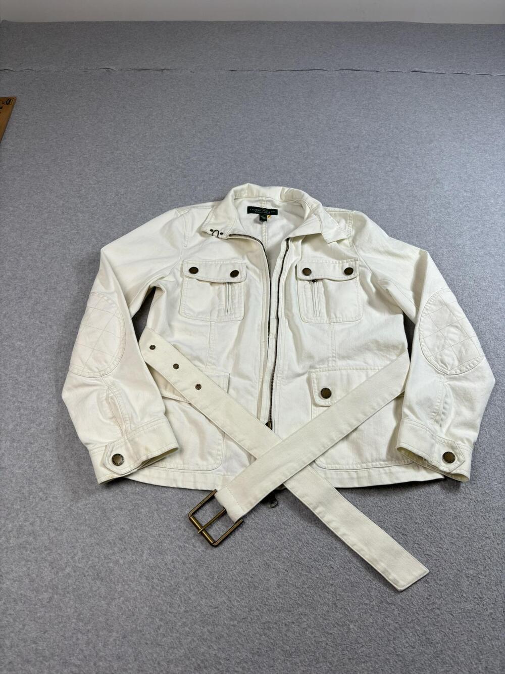 Lauren Ralph Lauren Jacket Womens Large White Belted Utility Moto Barn Chore Y2K